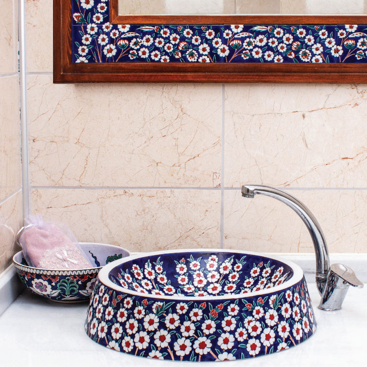 Bahar Dalı Desenli İznik Çinisi Lavabo