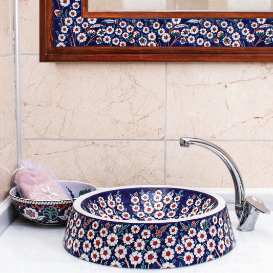 Bahar Dalı Desenli İznik Çinisi Lavabo
