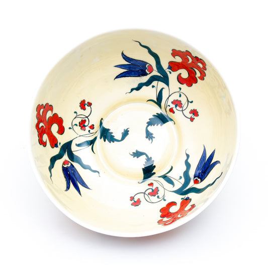 Red Lily and Blue Tulip Iznik Tile Bowl - Yellow Background
